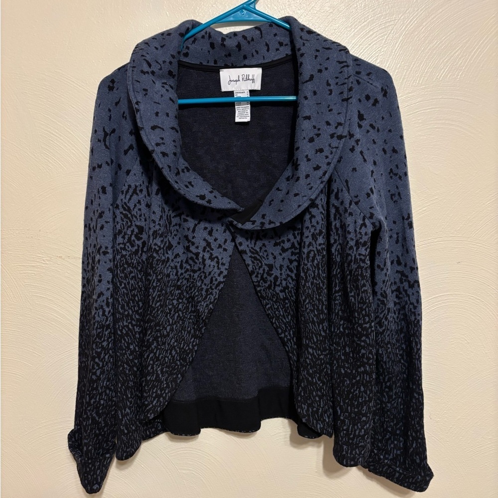 Joseph Ribkoff Cropped Open Front Jacket Slate Blue Black Print Made in Canada - Picture 1 of 7